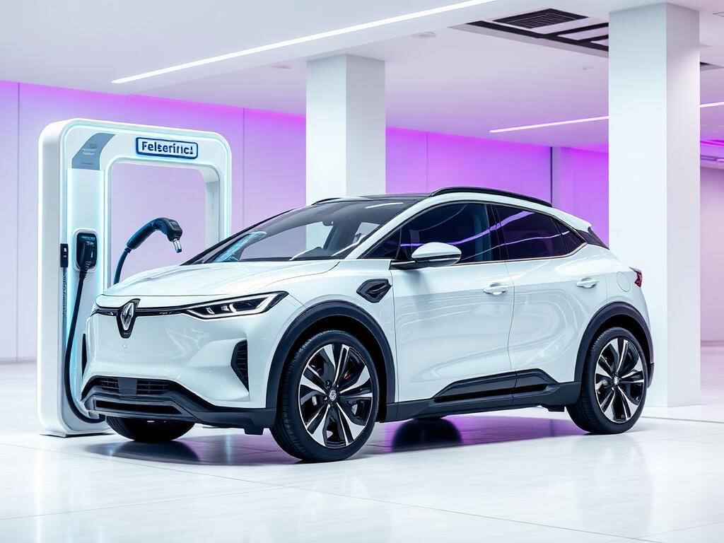 A futuristic white electric vehicle charging at a modern minimalist station