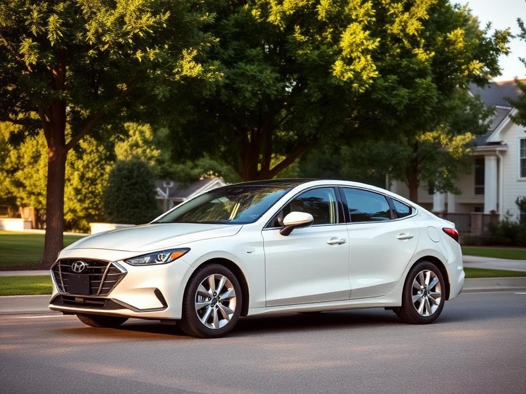 A refined pearl white hybrid car on a quiet suburban street with green trees