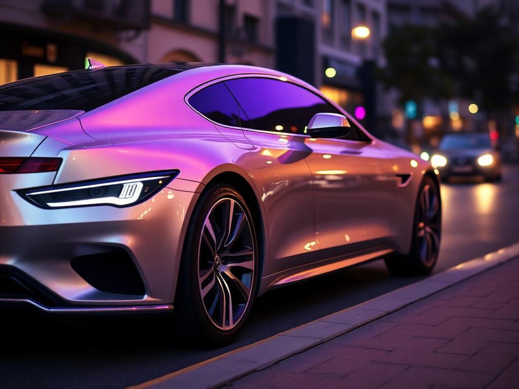 A sleek silver luxury sedan on a European city street at dusk with purple ambient lighting