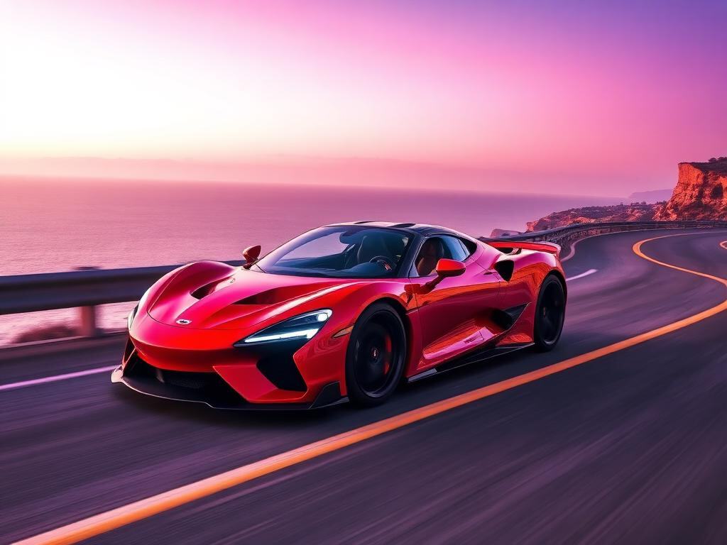 A vibrant red sports car on a winding coastal highway with a purple sunset sky