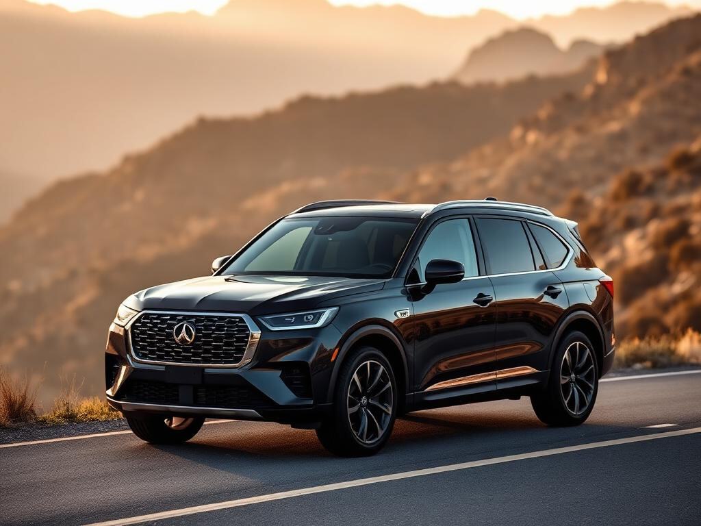 A sophisticated dark navy SUV on a scenic mountain road at golden hour